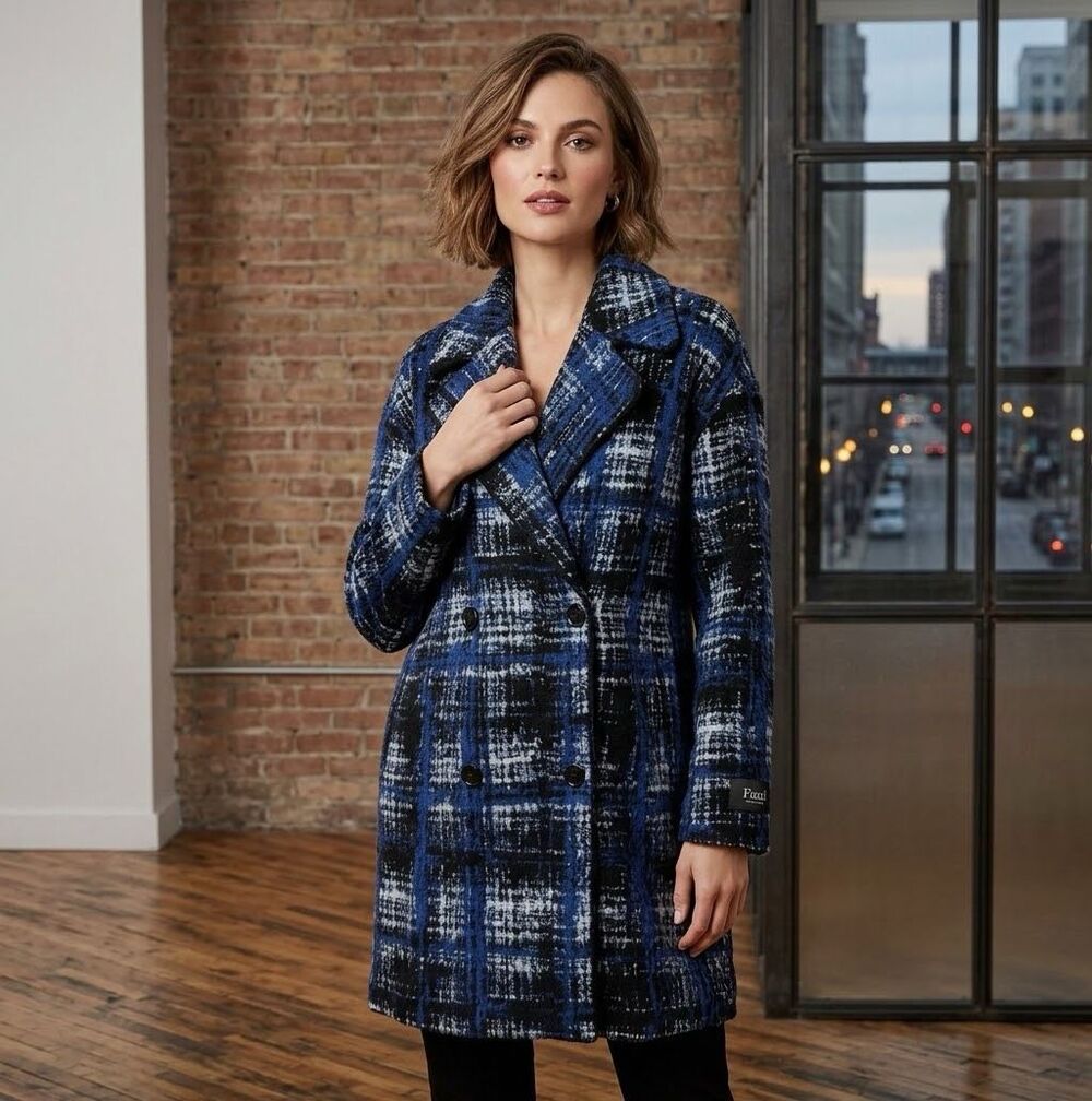 Fuzzi Blue Plaid Knitted Unlined Sweater Shacket Coat Size S